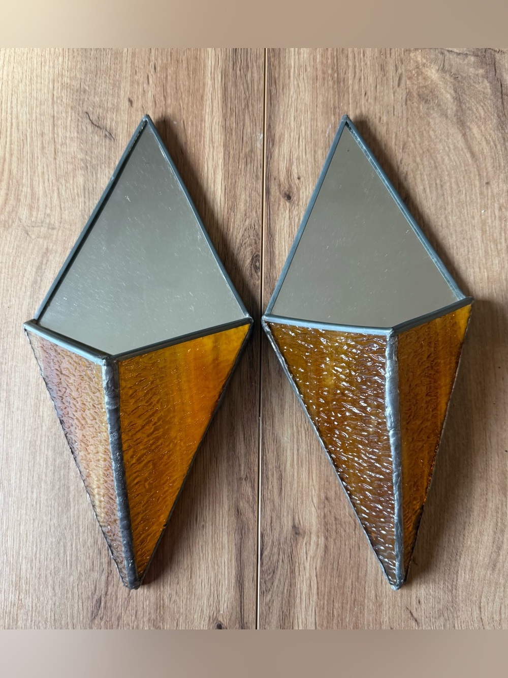 2 Geometric Amber Textured Glass Accent Wall Mirrors, Mid 20th Century RARE